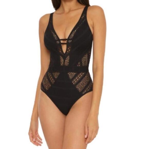 Becca by Rebecca Virtue Crochet Plunge One-Piece Swimsuit, swim wear size S - Picture 1 of 11